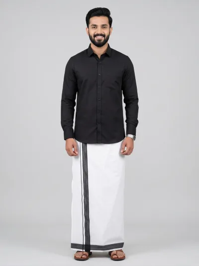Men Black Matching Border Dhoti With Printed Shirt Set Windsor HNJ6